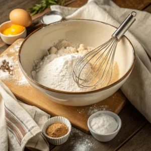 Large mixing bowl with flour, a whisk, and other baking ingredients like eggs and spices arranged on a wooden surface.