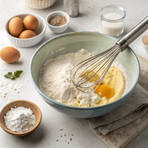 A medium bowl filled with all-purpose flour, baking powder, and salt being whisked together for a heart cake batter.