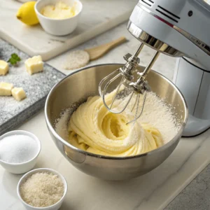 Stand mixer beating butter and sugar in a metal bowl, with sugar and butter cubes on a marble countertop.