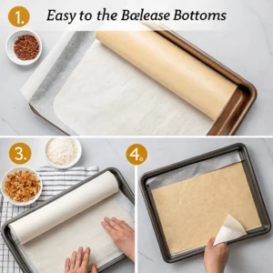 Collage of four steps showing how to line a baking sheet with parchment paper, including measuring, cutting, and placing the paper for easy release.