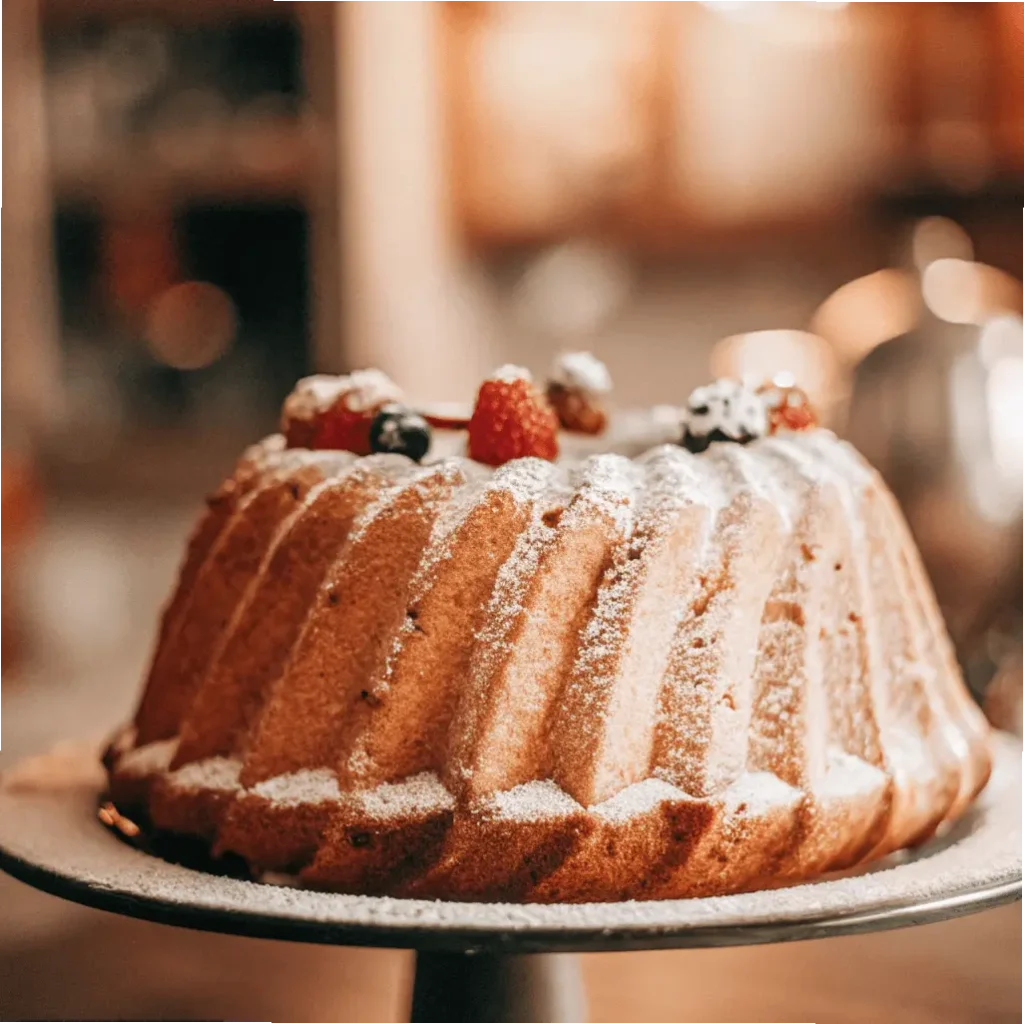 Ring-shaped bundt cake dusted with powdered sugar and garnished with fresh berries.