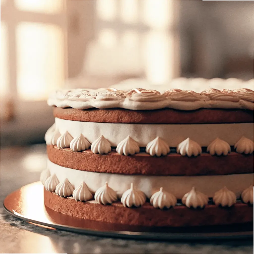 Old-Fashioned Cakes: Two-layer vanilla cake with white cream frosting and decorative dollops.