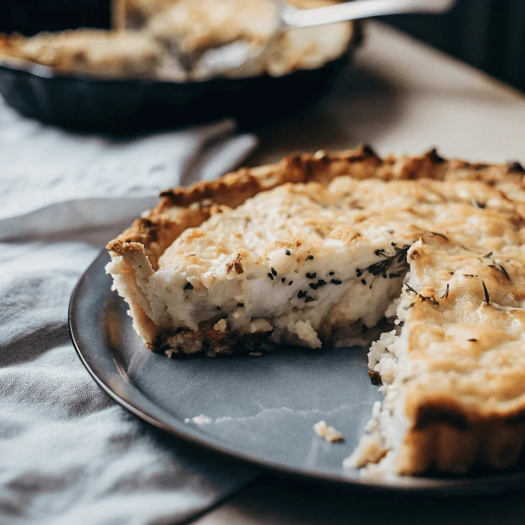 A close-up of a savory pie with a golden, flaky crust and a creamy, herb-seasoned filling, served on a dark plate with a slice removed.