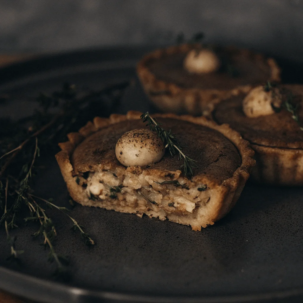 A rustic, golden-brown savory tart with a flaky crust and a filling of seasoned potatoes and herbs, garnished with a small roasted mushroom and fresh thyme.