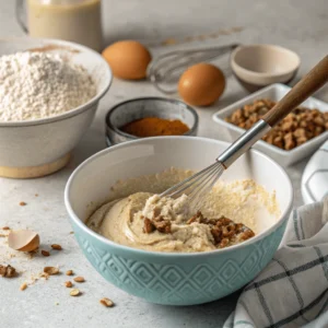 A bowl of batter with nuts being whisked for a quince cake, surrounded by flour, eggs, and spices on a light countertop.