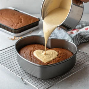 Batter poured into a heart-shaped pan with a smooth, even top, ready for baking.