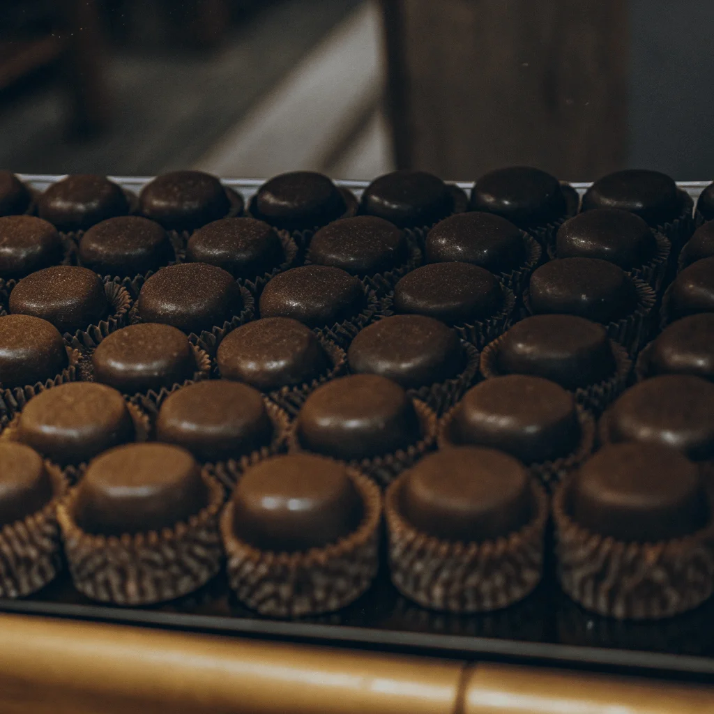 A tray of round, glossy chocolate confections placed in individual paper cups, arranged in neat rows.