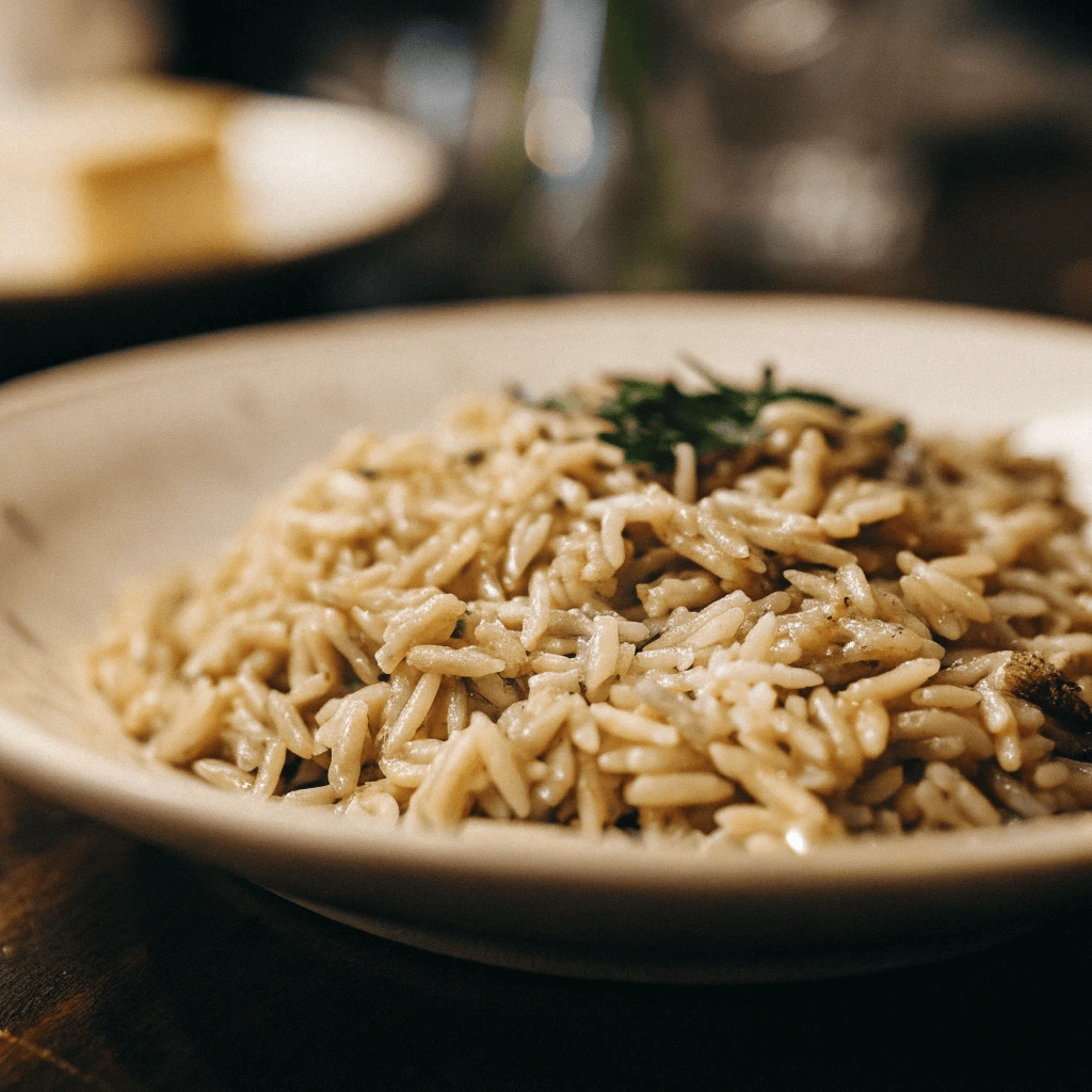 A plate of seasoned rice-shaped pasta garnished with fresh herbs, served on a white dish.