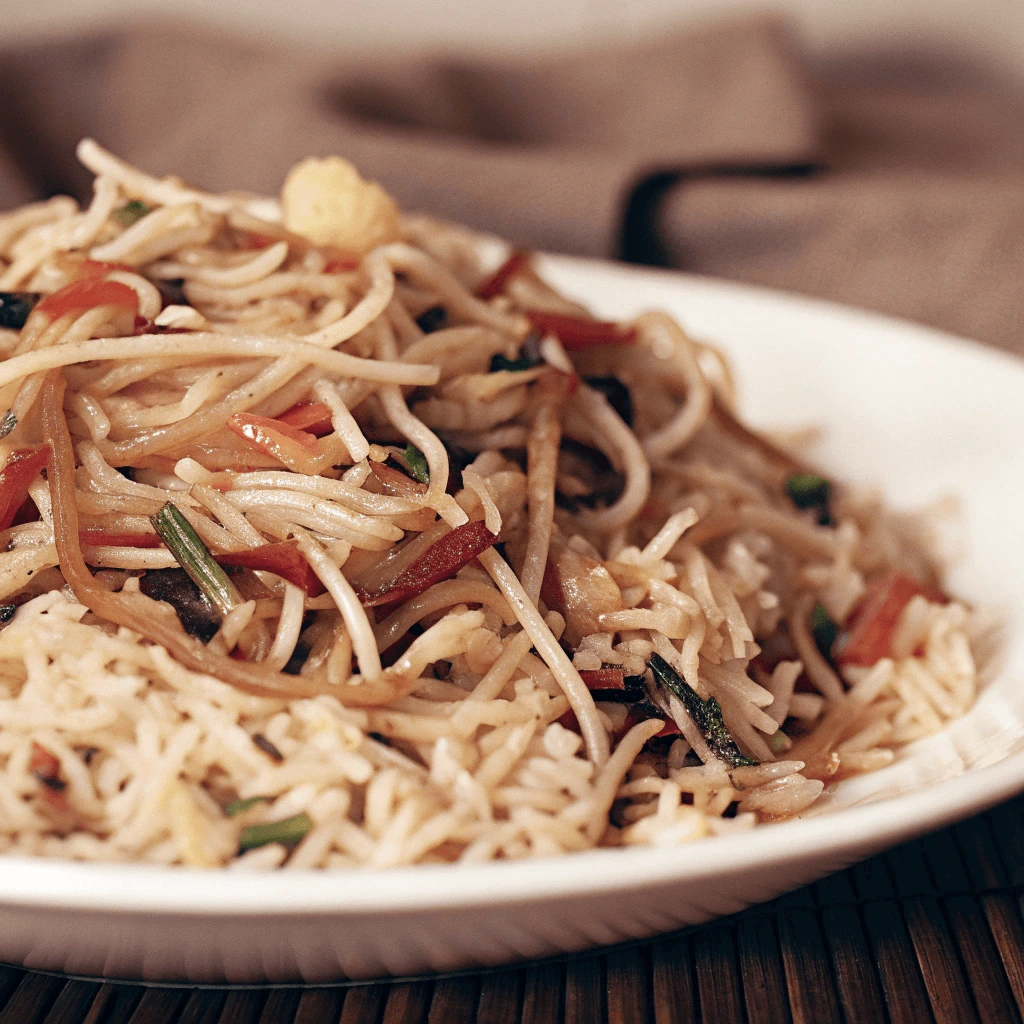 A plate of stir-fried rice and noodles mixed with vegetables, including red bell peppers, greens, and baby corn.