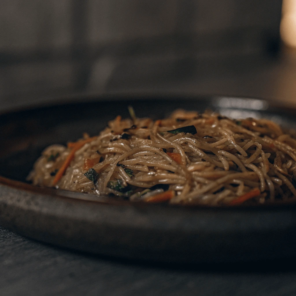 A dark, moody close-up of stir-fried noodles with vegetables, served on a rustic plate.