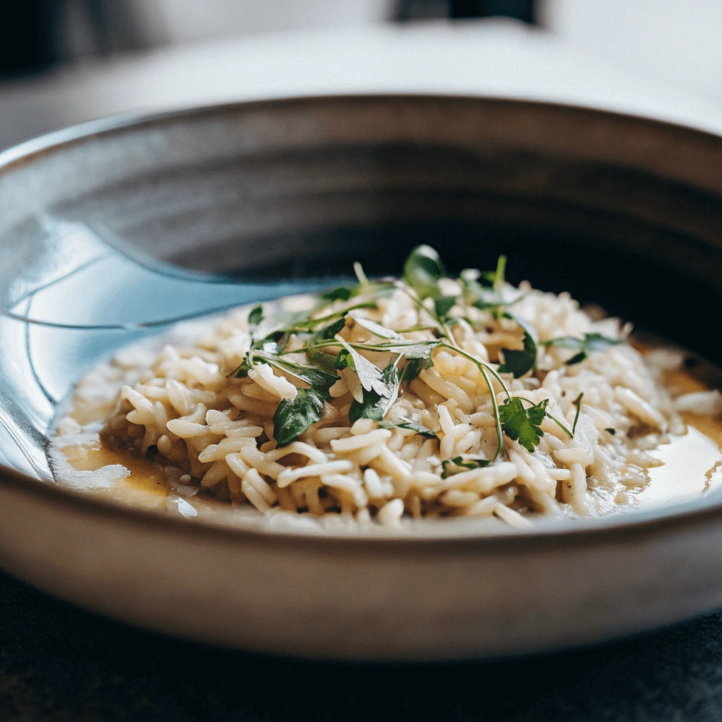 A bowl of creamy rice-shaped pasta garnished with fresh parsley, served in a rustic ceramic dish.