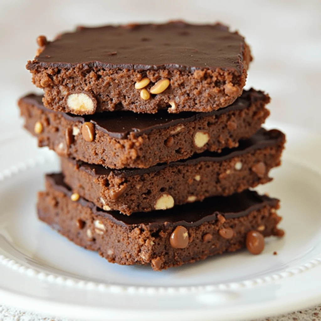 A stack of four chocolate brownies with nuts and chocolate chips, topped with a smooth chocolate glaze, on a white plate.