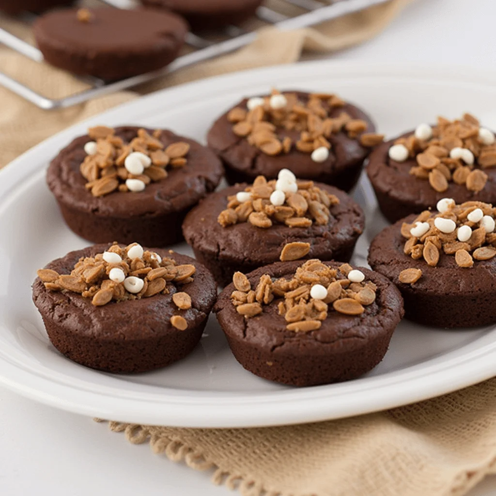 Close-up of eight chocolate mini brownie cups topped with crunchy bits and small white sprinkles, arranged on a white plate.