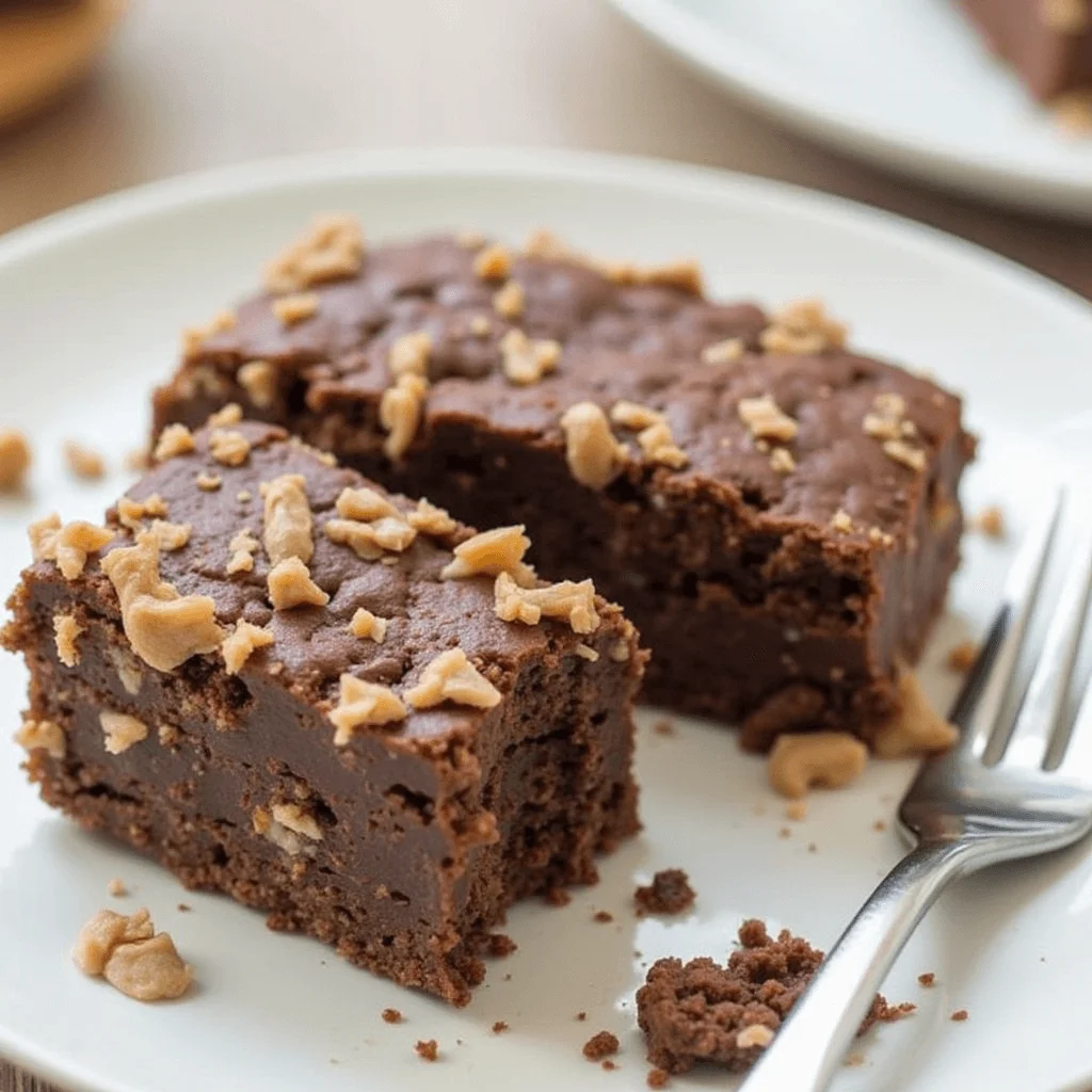 Close-up of two moist chocolate cakes topped with crunchy toffee bits on a white plate.