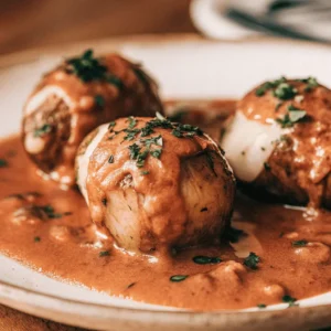 Three golden-brown potatoes covered in a rich, creamy sauce and garnished with fresh herbs on a white plate.