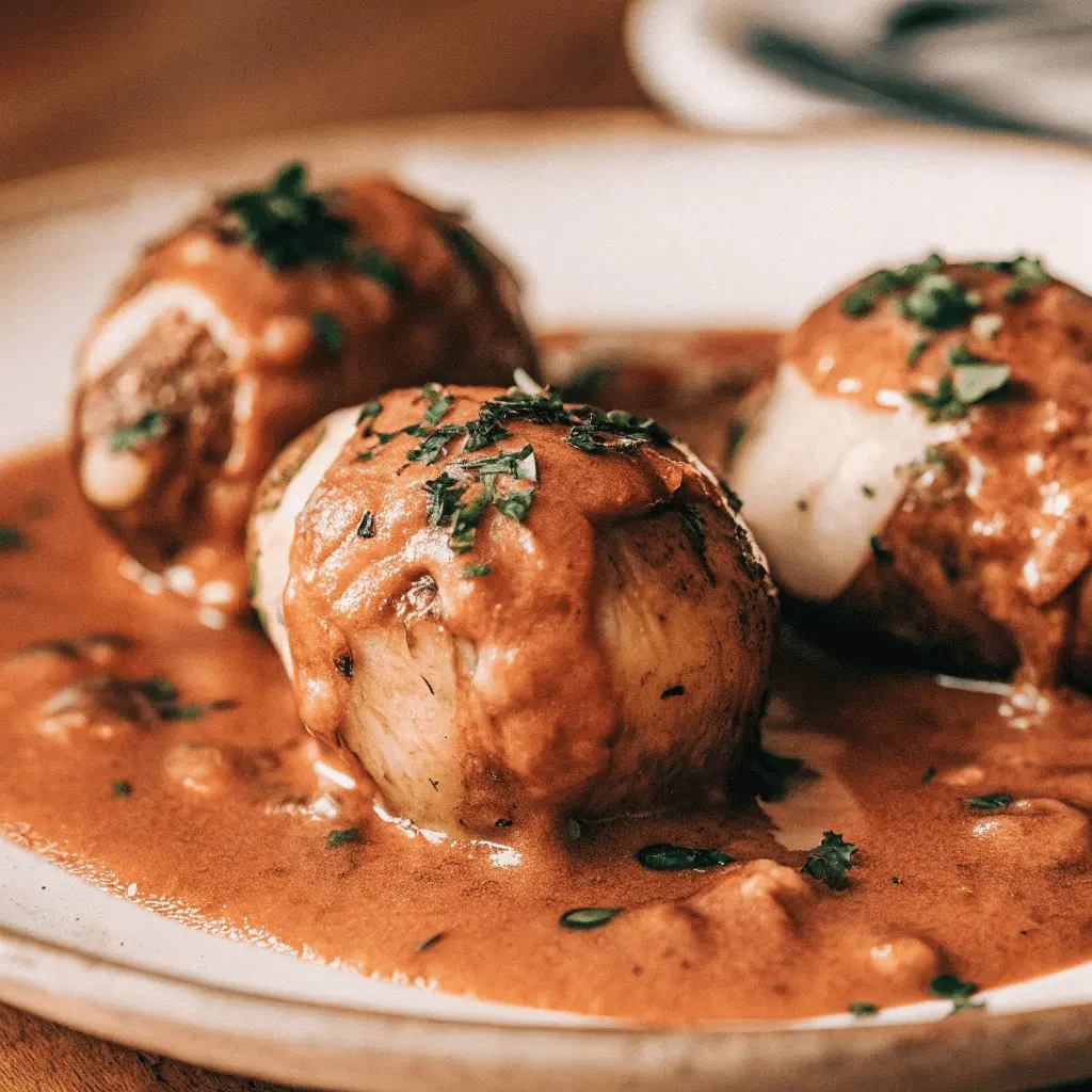 Three golden-brown potatoes covered in a rich, creamy sauce and garnished with fresh herbs on a white plate.