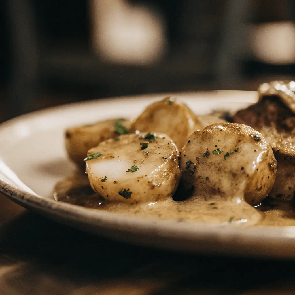 A close-up of smothered potatoes drizzled with a creamy sauce, garnished with fresh herbs on a rustic plate.