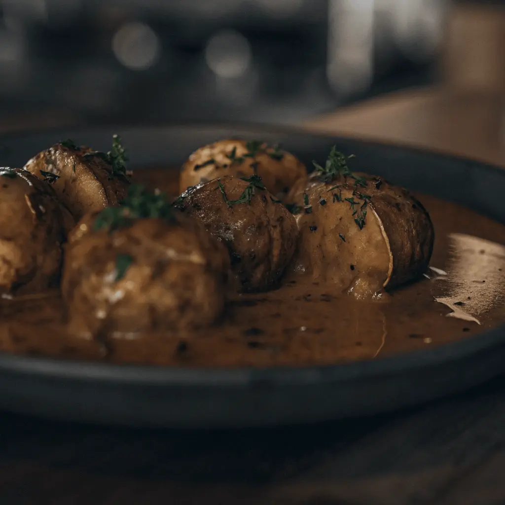 A plate of smothered potatoes arranged beautifully, coated in a rich sauce and garnished with fresh herbs.