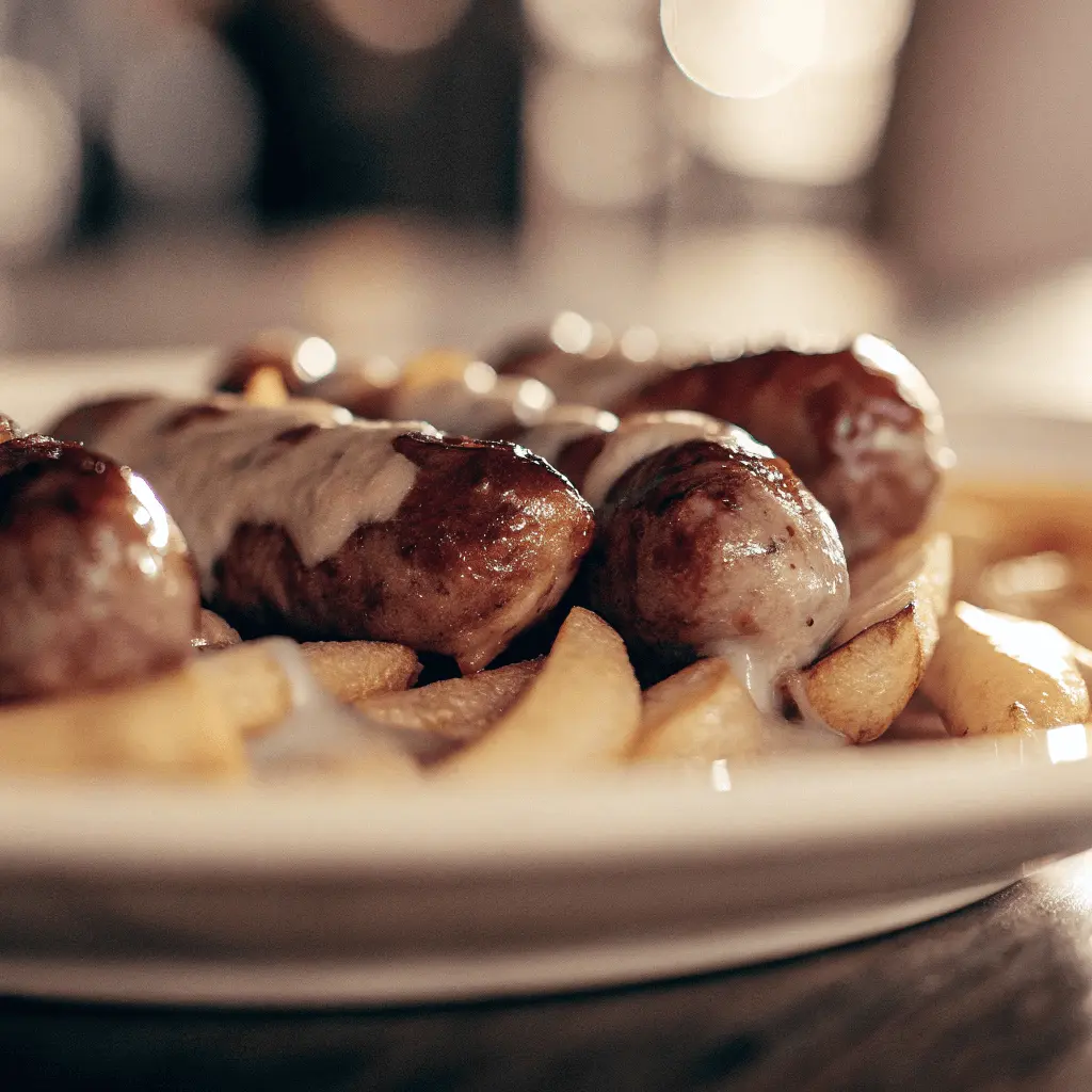 A plate of smothered potatoes and sausage drizzled with a creamy sauce, served alongside golden fries.