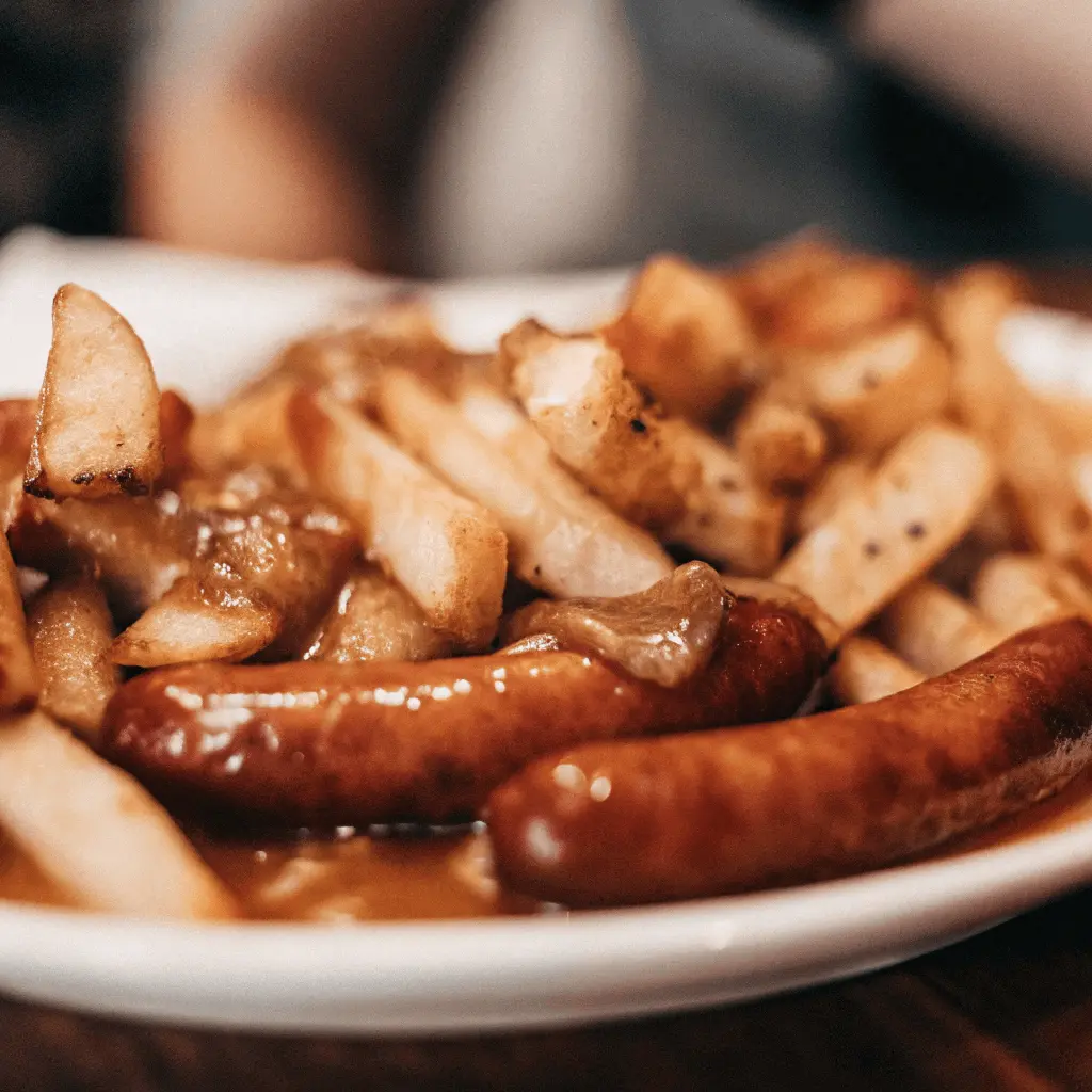 A plate featuring smothered potatoes and sausage alongside crispy fries and rich gravy.