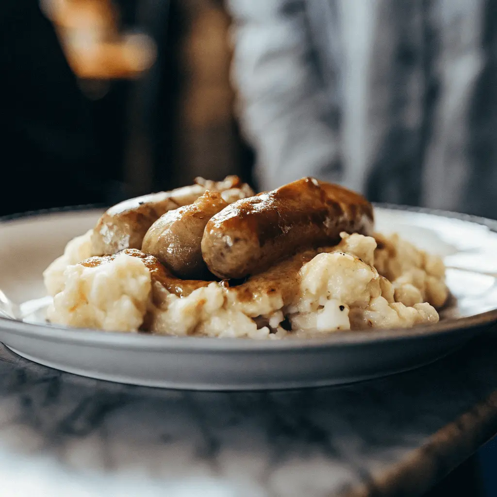 A plate of smothered potatoes topped with sausages and drizzled with savory sauce.