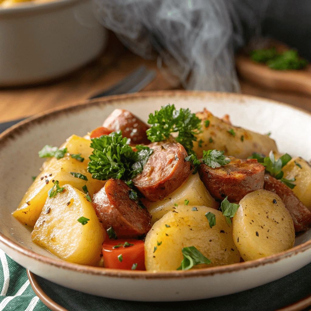 A serving of smothered potatoes and sausage on a plate.