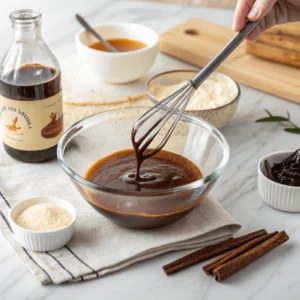 Glass bowl with a whisk mixing a dark spiced sauce, possibly for a quince cake, alongside vanilla extract, sugar, and cinnamon sticks on a white countertop.