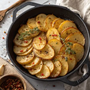 Potatoes cooking in a skillet with chicken broth.