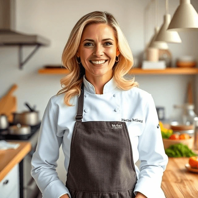 Smiling female chef in a modern kitchen, wearing a white chef's coat and a dark gray apron, ready to prepare delicious recipes.