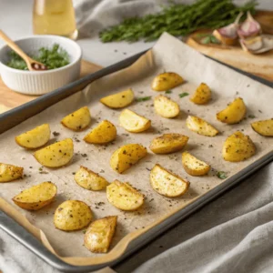 Seasoned potatoes spread on a baking sheet