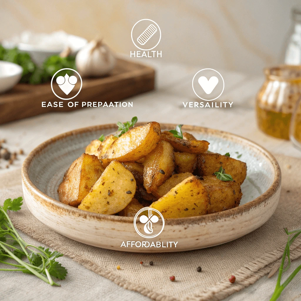 Close-up of beautifully plated, crispy golden potatoes on a rustic plate with benefit icons