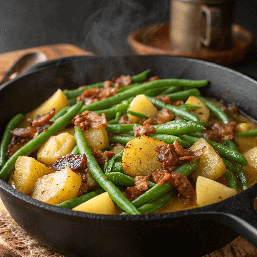 Cast-iron skillet containing smothered green beans and potatoes topped with caramelized onions and crispy bacon.