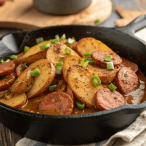 Cajun Smothered Potatoes and Sausage in a cast-iron skillet, garnished with green onions.