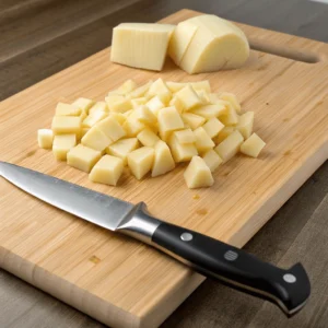 Close-up of diced potatoes on a cutting board