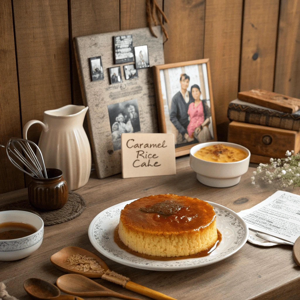 Caramel rice cake on a rustic table with vintage photos and traditional utensils.