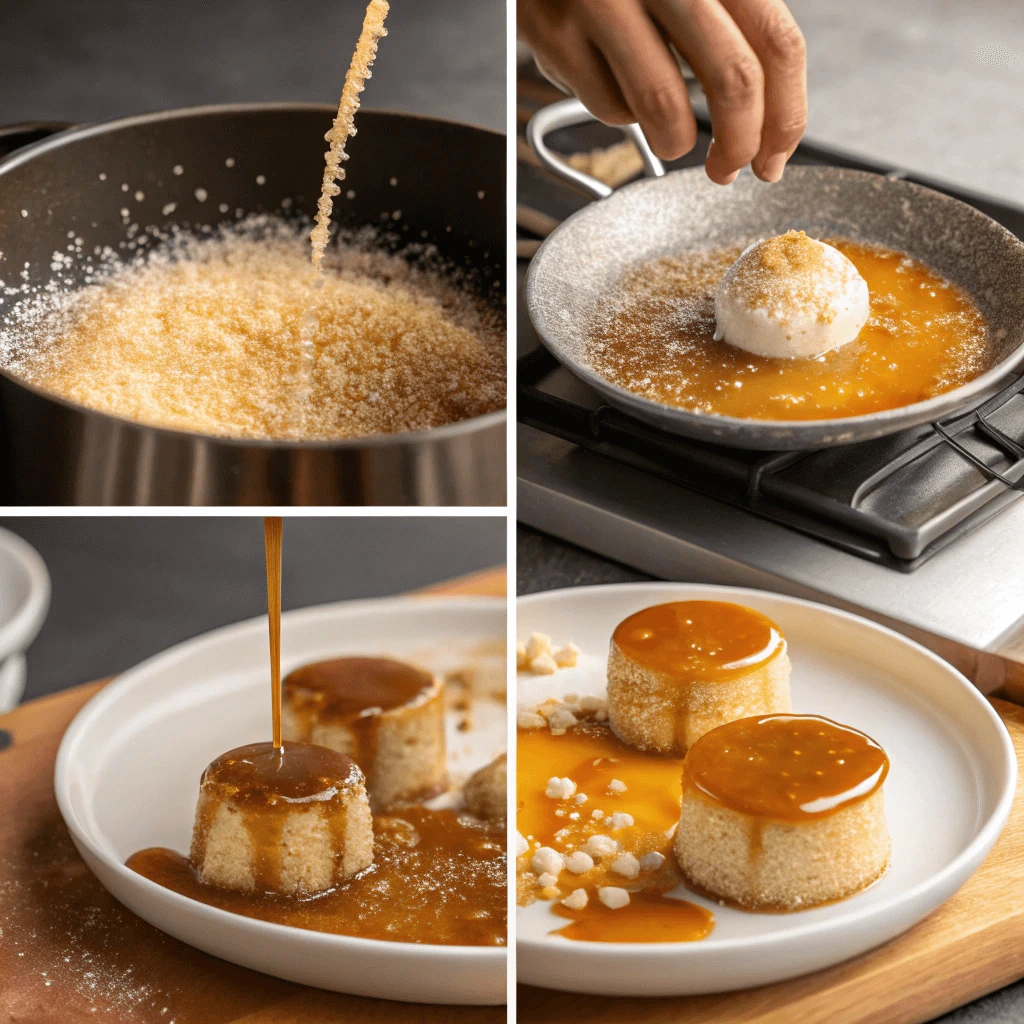 Collage of cooking steps for caramel rice cake from caramelizing sugar to plating.