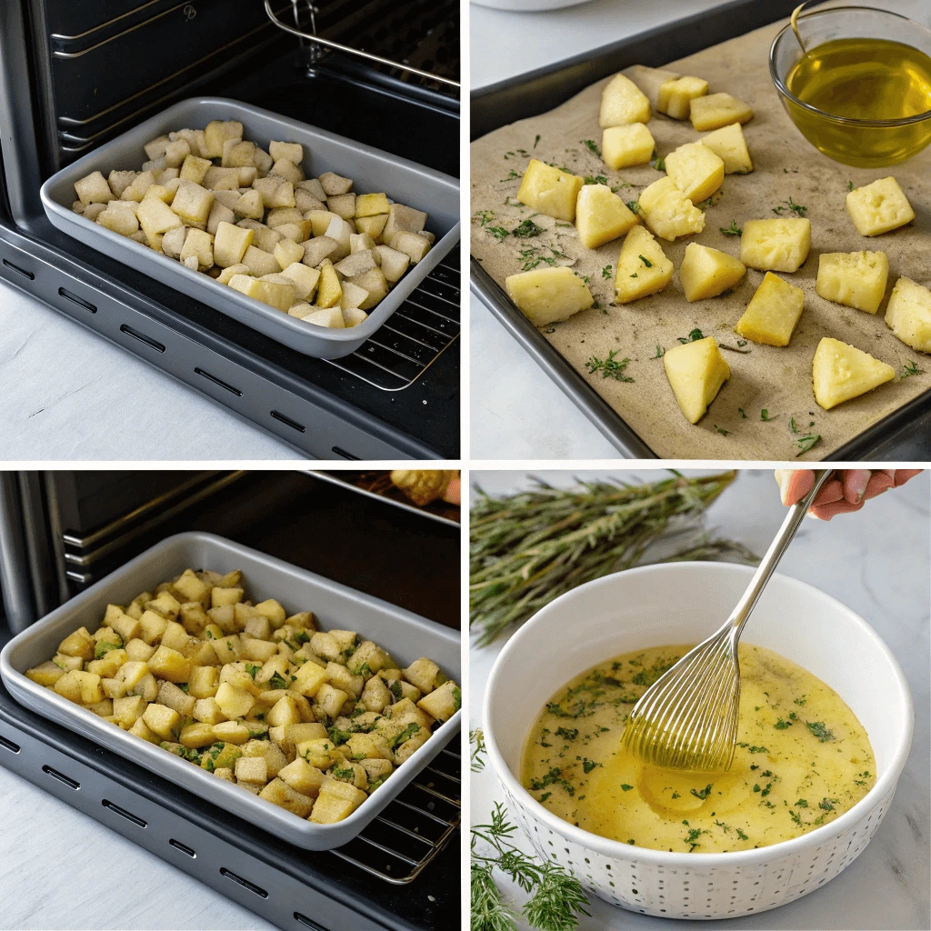 Four-panel collage depicting the step-by-step cooking process for a potato recipe.