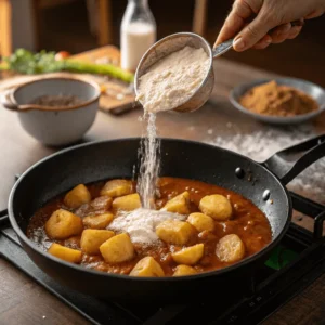 Thickened gravy coating the smothered potatoes in a skillet.