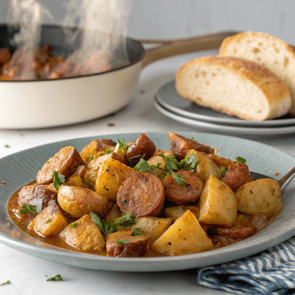 A plate of Cajun Smothered Potatoes and Sausage with crusty bread.