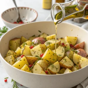 Potatoes tossed with olive oil and herbs in a bowl