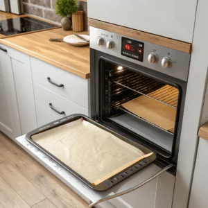 Modern oven set to 400°F with a lined baking sheet