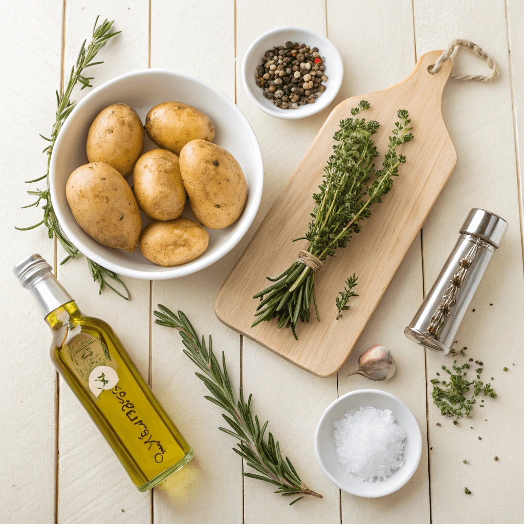 Organized display of fresh potatoes, herbs, garlic, and olive oil on a wooden countertop.