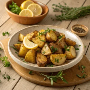 Finished roasted potatoes on a rustic plate