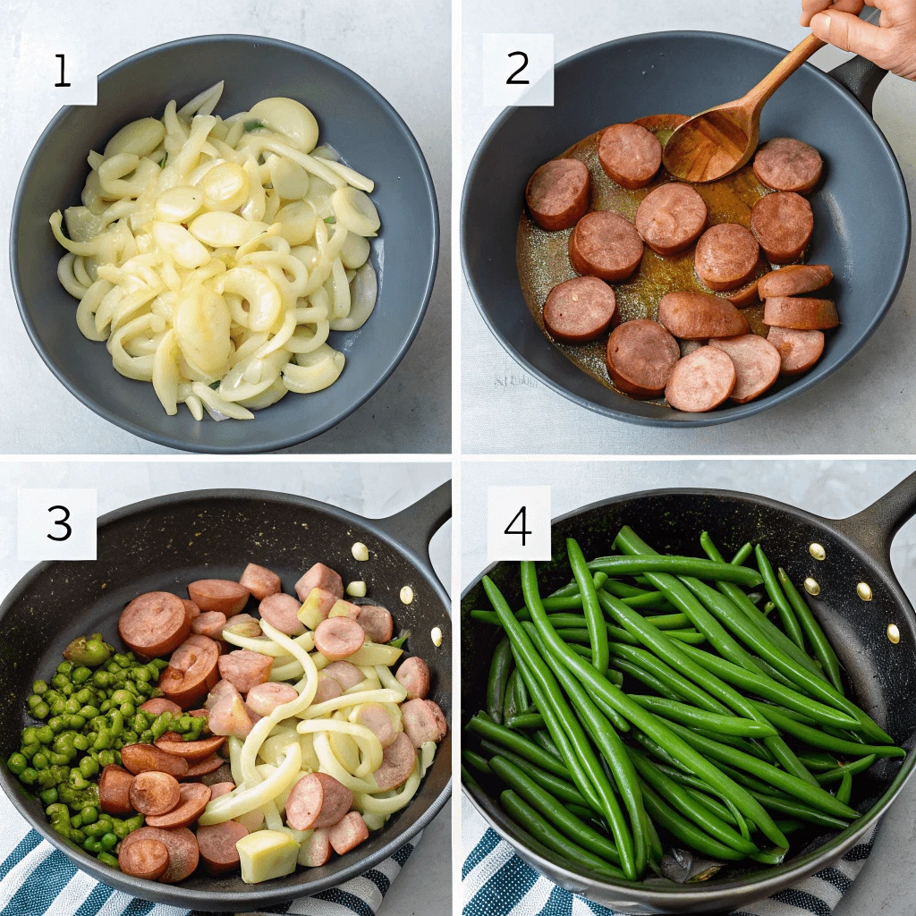 Sequential images showing the stages of cooking from sautéing onions to simmering green beans, sausage, and potatoes in a skillet.