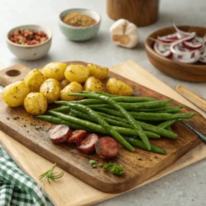 Close-up of crisp green beans and golden potatoes arranged on a rustic wooden board.