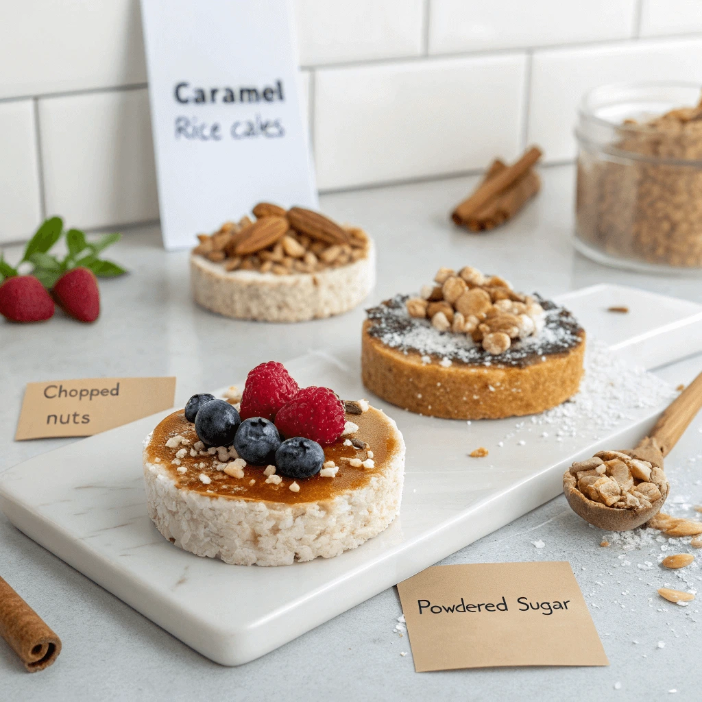 Creative variations of caramel rice cake with nuts, berries, and cinnamon.