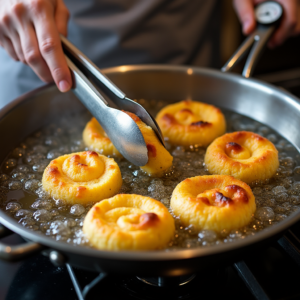 Dynamic image of a chef using tongs to place rolled Chimi Cheesecakes into bubbling oil in a deep skillet, with a kitchen thermometer showing 350°F and a focus on a crisp, golden-brown finish.