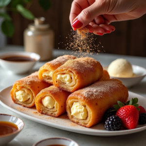 Vibrant image of freshly fried Chimi Cheesecake rolls dusted with cinnamon sugar, accompanied by bowls of chocolate and caramel sauces, fresh berries, and a scoop of vanilla ice cream on an elegant table.
