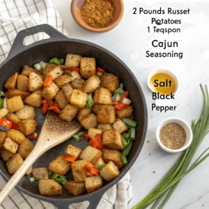 Cubed potatoes added to skillet with sautéed vegetables and seasonings.