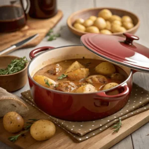 A covered pot simmering with tender potatoes and rich gravy.